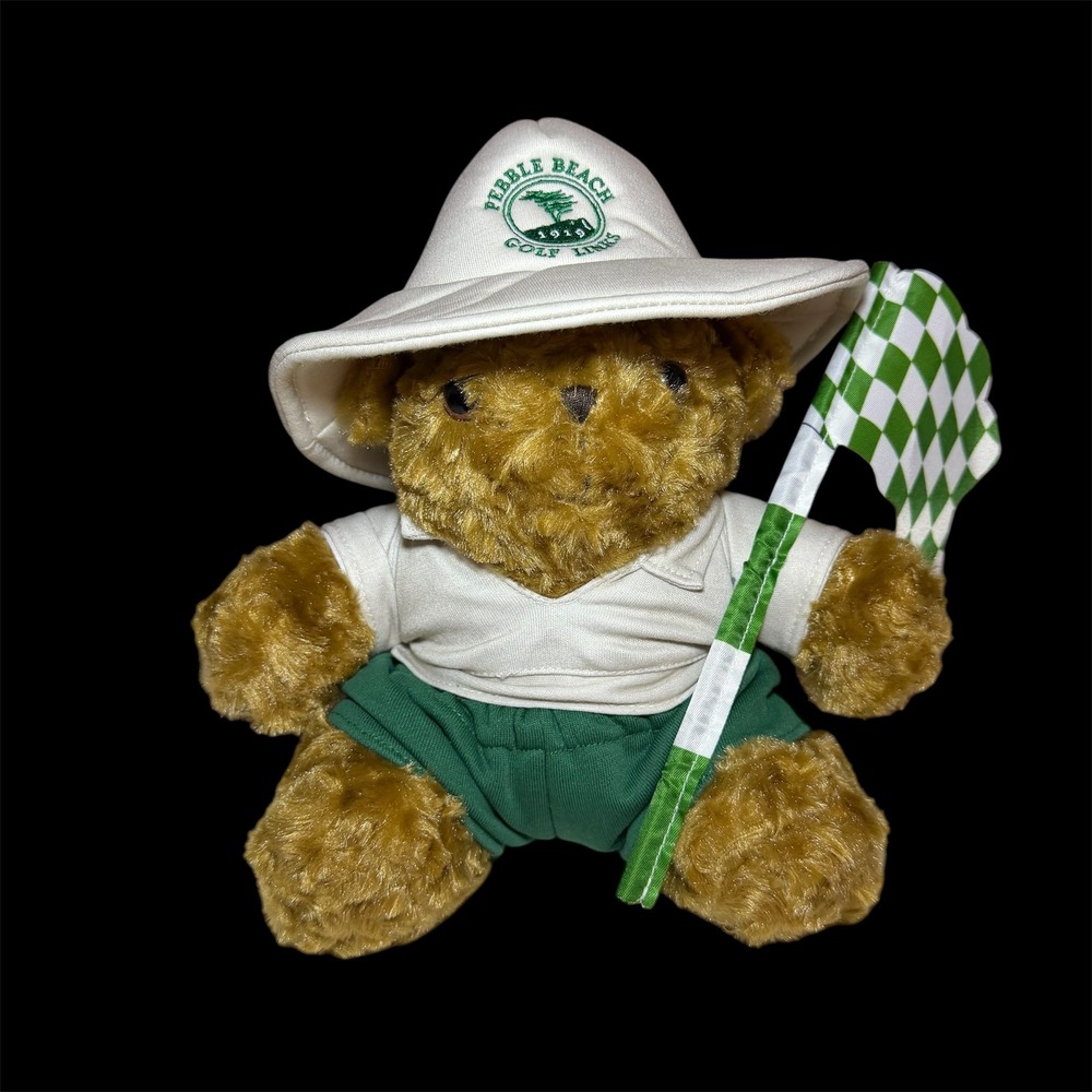 Pebble Beach Golf Links Caddy 12" Teddy Bear Plush White Hat Green Shorts Flag